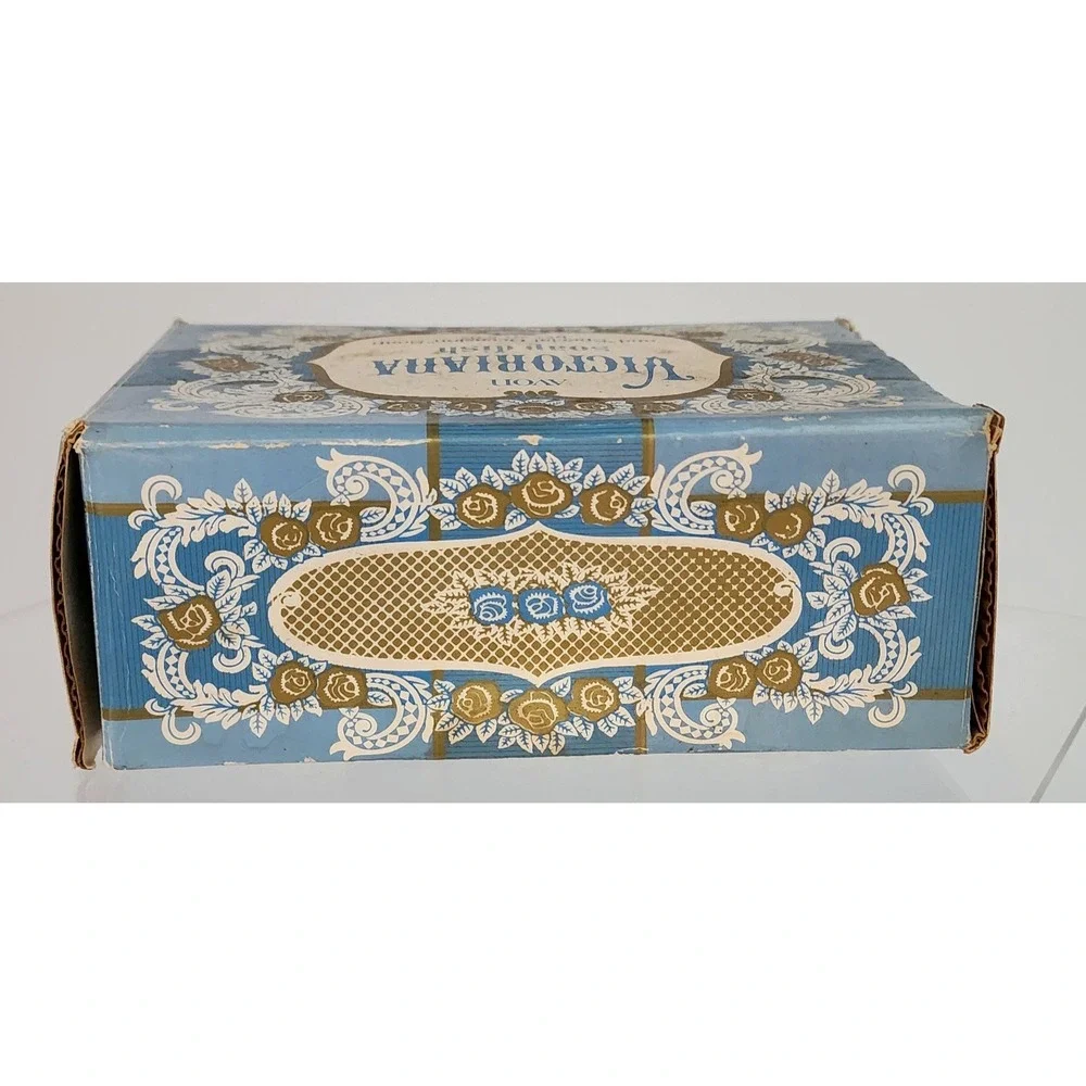 Avon Victoriana Soap Dish & Soap Set Blue Slag Glass Rose 1978 Vintage Special